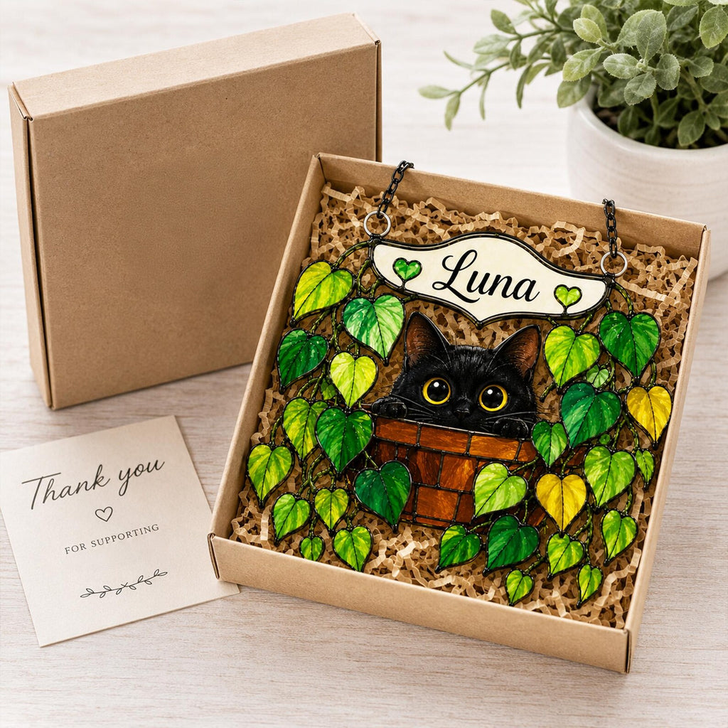 Personalized Black Cat Glass Suncatcher, Pothos Plant Suncatcher, Cat Lover Gift, Plant Mom Gift, Botanical Glass Art, Window Hanging. SCCBILUMMIE11