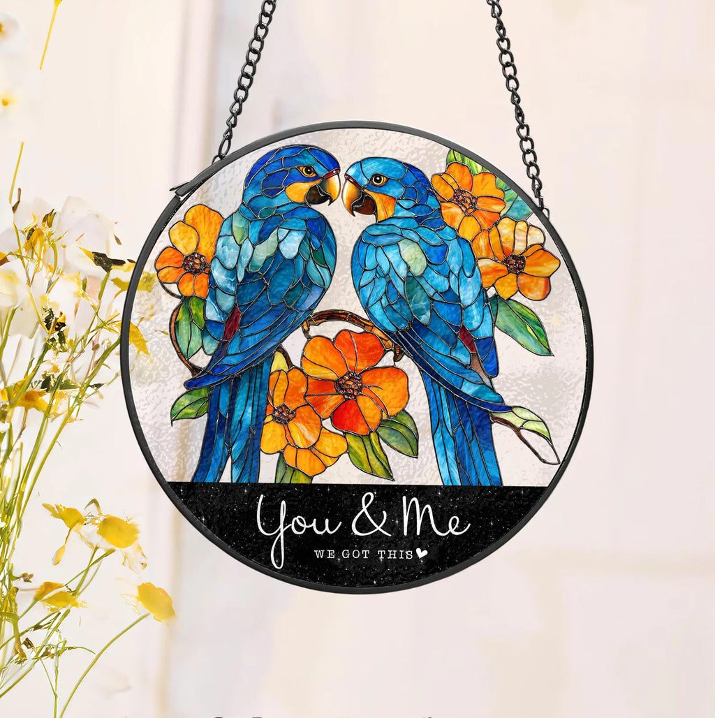 Personalized Parrot Couple Glass Suncatcher, Parrot Glass Art, Gift For Couple, Anniversary Gift, Parrot Lover Gift, Valentine Gifts. SCBILUMIE9