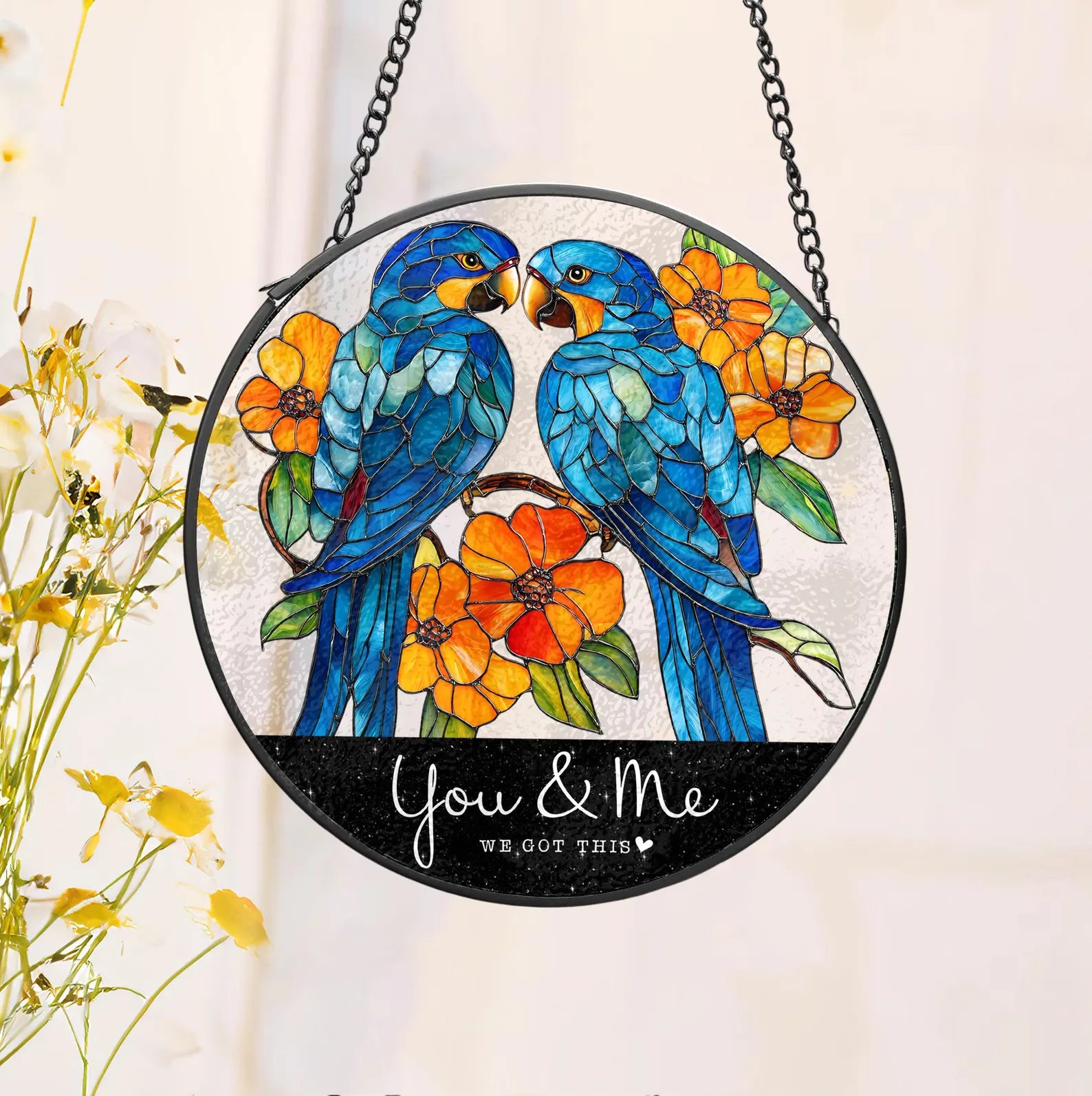Personalized Parrot Couple Glass Suncatcher, Parrot Glass Art, Gift For Couple, Anniversary Gift, Parrot Lover Gift, Valentine Gifts. SCBILUMIE9
