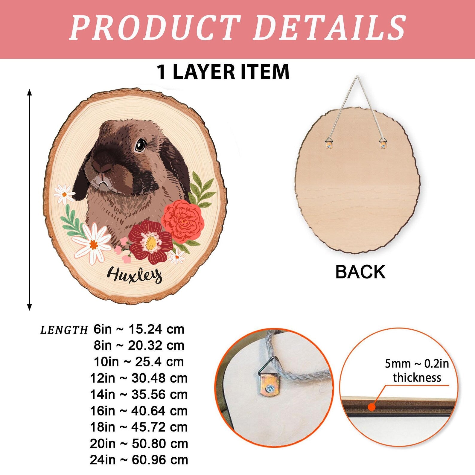 Custom Rabbit Portrait Wooden Hanging, Custom Pet Portrait From Photo, Bunny Memorial Gift, Pet Portrait Wall Art, Pet Loss Sympathy Gift. WHBILUMMIE4