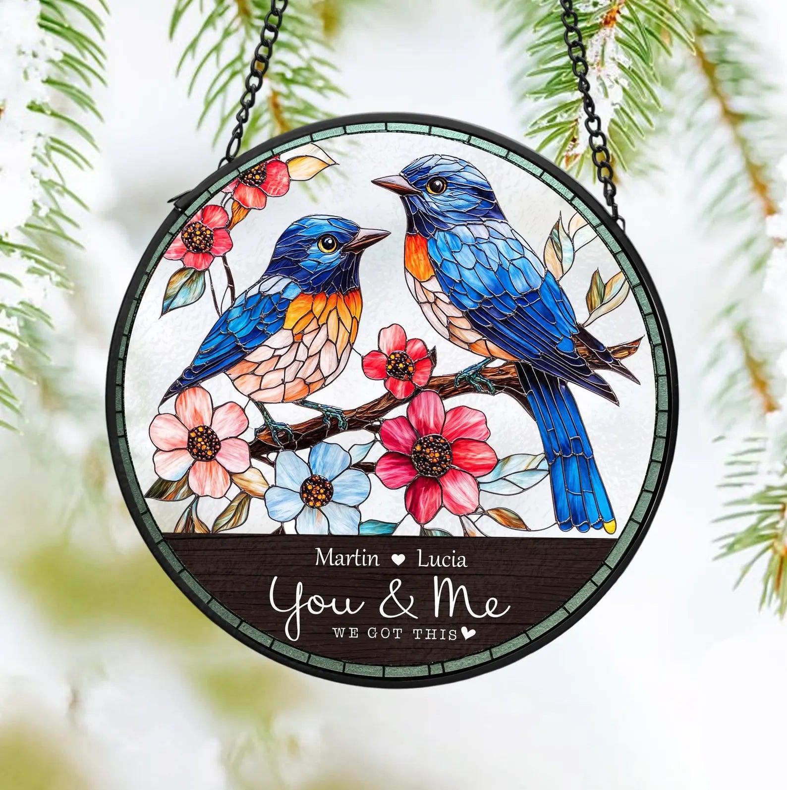 Personalized Bluebird Couple Glass Suncatcher, Bird Glass Suncatcher, Gift For Couple, Valentine Gifts, Bird Lover Gift, Anniversary Gift. SCBILUMIE8