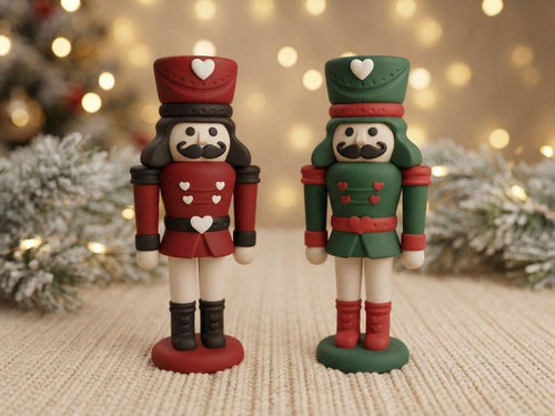 May include: Two nutcracker figurines standing side by side. The left figure is primarily red with black accents, while the right figure is green with red accents. Both feature white heart details on their hats, jackets, and belts, with black mustaches.