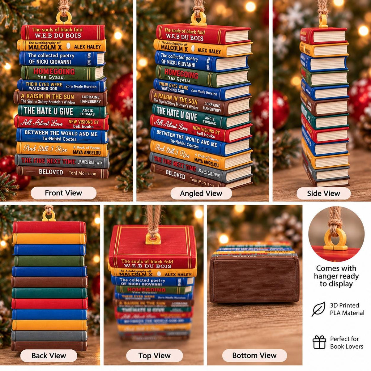 May include: A stack of miniature book ornaments featuring titles like The Souls of Black Folk, The Autobiography of Malcolm X, Homegoing, Their Eyes Were Watching God, A Raisin in the Sun, The Hate U Give, All About Love, and Beloved.