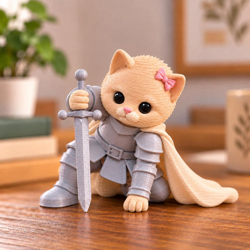 May include: A light orange cat figurine wearing grey plate armor and a cream-colored cape. The cat has large black eyes, a pink nose, and a small pink bow on its left ear. It is kneeling and holding a grey sword upright with its right paw.