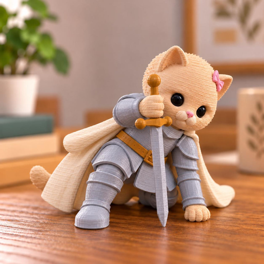 May include: A beige cat figurine wearing grey plate armor and a cream-colored cape, kneeling while holding a gold-hilted sword. The cat has large black eyes, a pink nose, and a small pink bow attached to its right ear, featuring a textured finish.