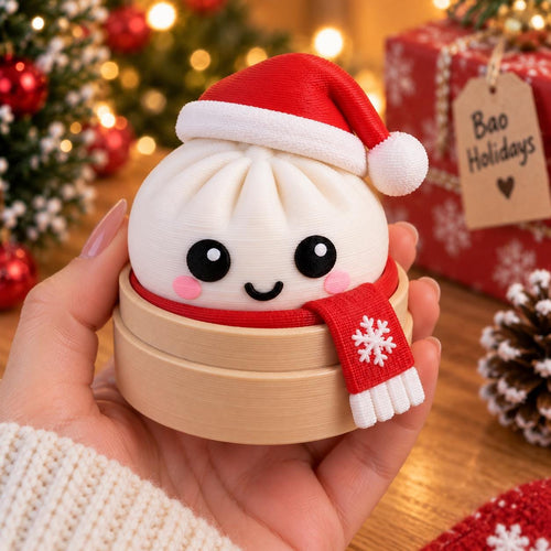 May include: A white bao bun figurine with a smiling face, pink cheeks, and black eyes, wearing a red and white Santa hat and a red scarf with a white snowflake pattern. The bao sits inside a small, round, light-colored wooden steamer basket.