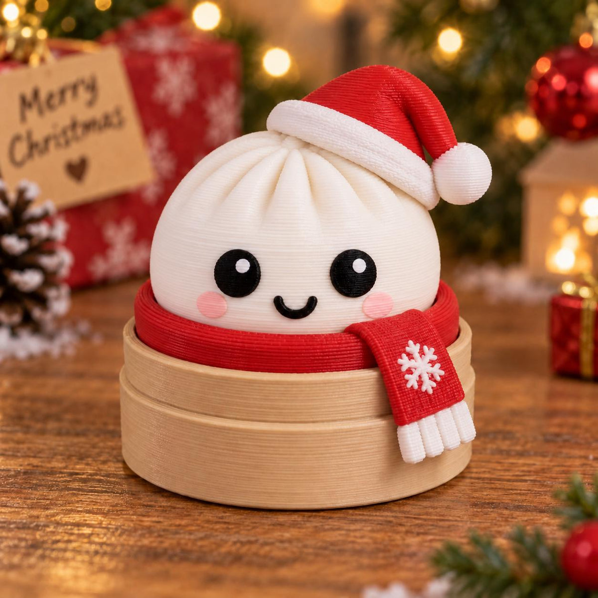 May include: A white dumpling figurine with a smiling face, pink cheeks, and black eyes, wearing a red Santa hat and a red scarf with a white snowflake detail, resting inside a light brown circular bamboo steamer container.