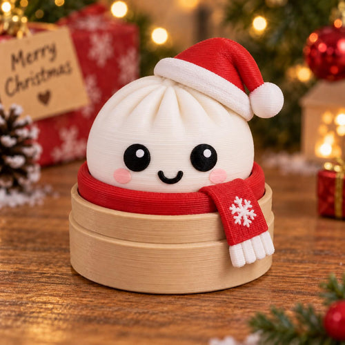 May include: A white dumpling figurine with a smiling face, pink cheeks, and black eyes, wearing a red Santa hat and a red scarf with a white snowflake detail, resting inside a light brown circular bamboo steamer container.