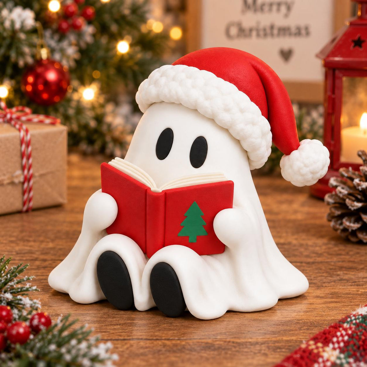 May include: A white ghost figurine wearing a red Santa hat with a white pom-pom and trim. The ghost has two black oval eyes and black feet, and it is holding an open red book featuring a green Christmas tree graphic on the front cover.