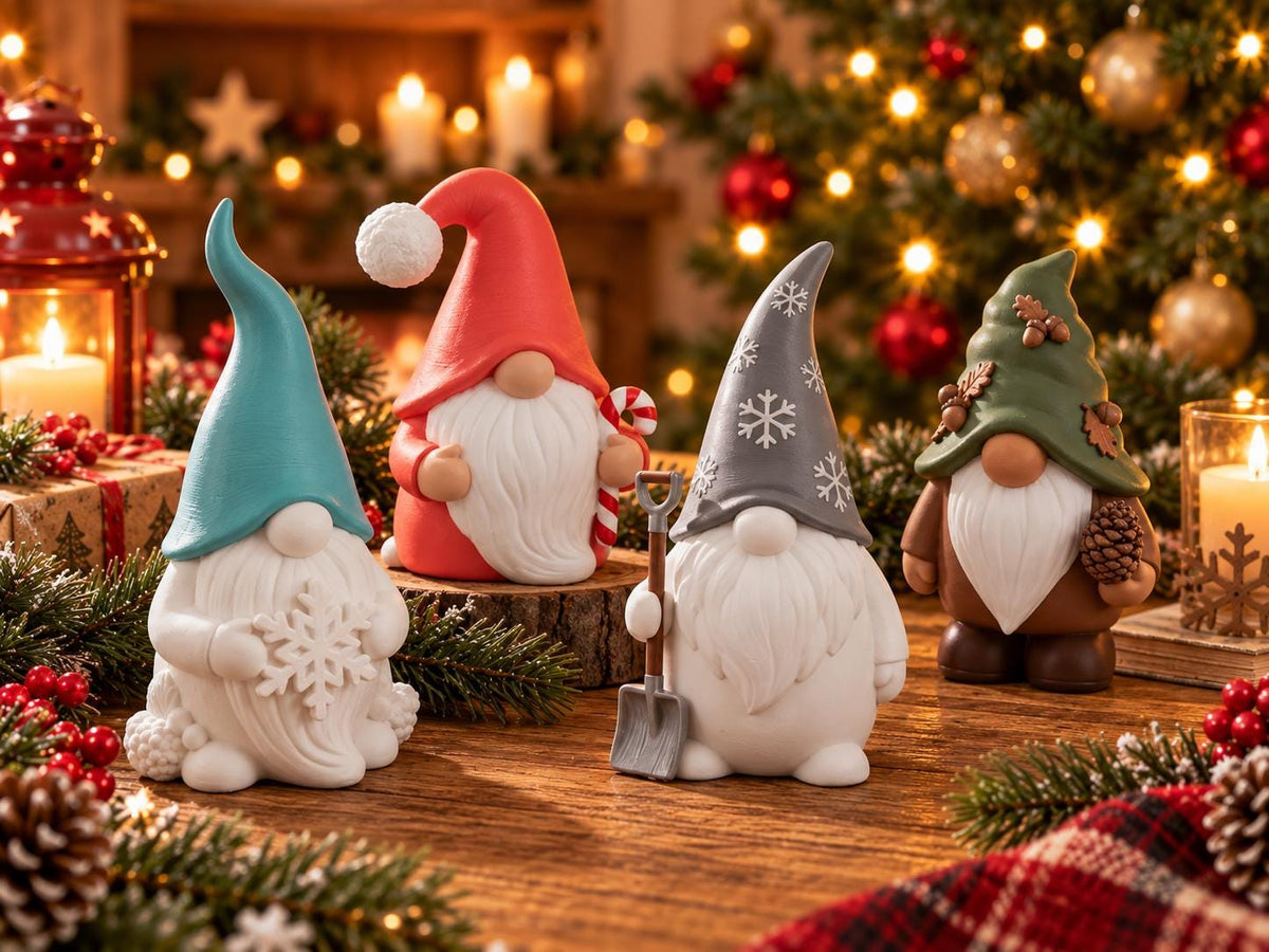 May include: Four decorative gnome figurines featuring white beards and pointed hats in teal, red, gray with snowflake patterns, and green with acorn accents. One gnome holds a white snowflake, another a candy cane, one a shovel, and one a pinecone.