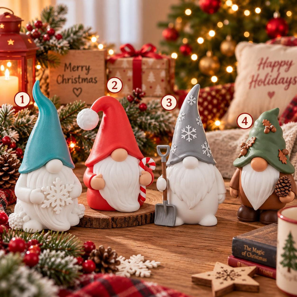 May include: Four decorative Christmas gnomes standing on a wooden surface. The first wears a teal hat with a white snowflake, the second a red hat with a candy cane, the third a grey hat with snowflakes holding a shovel, and the fourth a green hat.