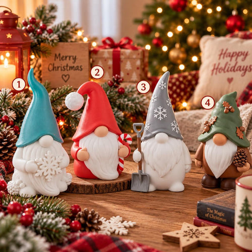 May include: Four decorative Christmas gnomes standing on a wooden surface. The first wears a teal hat with a white snowflake, the second a red hat with a candy cane, the third a grey hat with snowflakes holding a shovel, and the fourth a green hat.