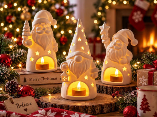 May include: Three white ceramic holiday figurines featuring two Santa Clauses and one gnome, each with a hollow base containing a lit tea light candle. The figures have star-shaped cutouts that emit light, and the center gnome wears a tall hat.