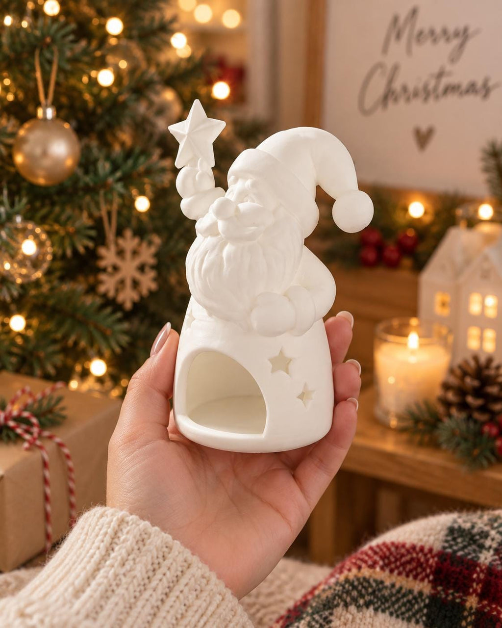 May include: A matte white ceramic Santa Claus figurine candle holder featuring a hollow base with star-shaped cutouts. The Santa figure is depicted with a beard, a hat, and one arm raised holding a star. The surface is smooth and unpainted.