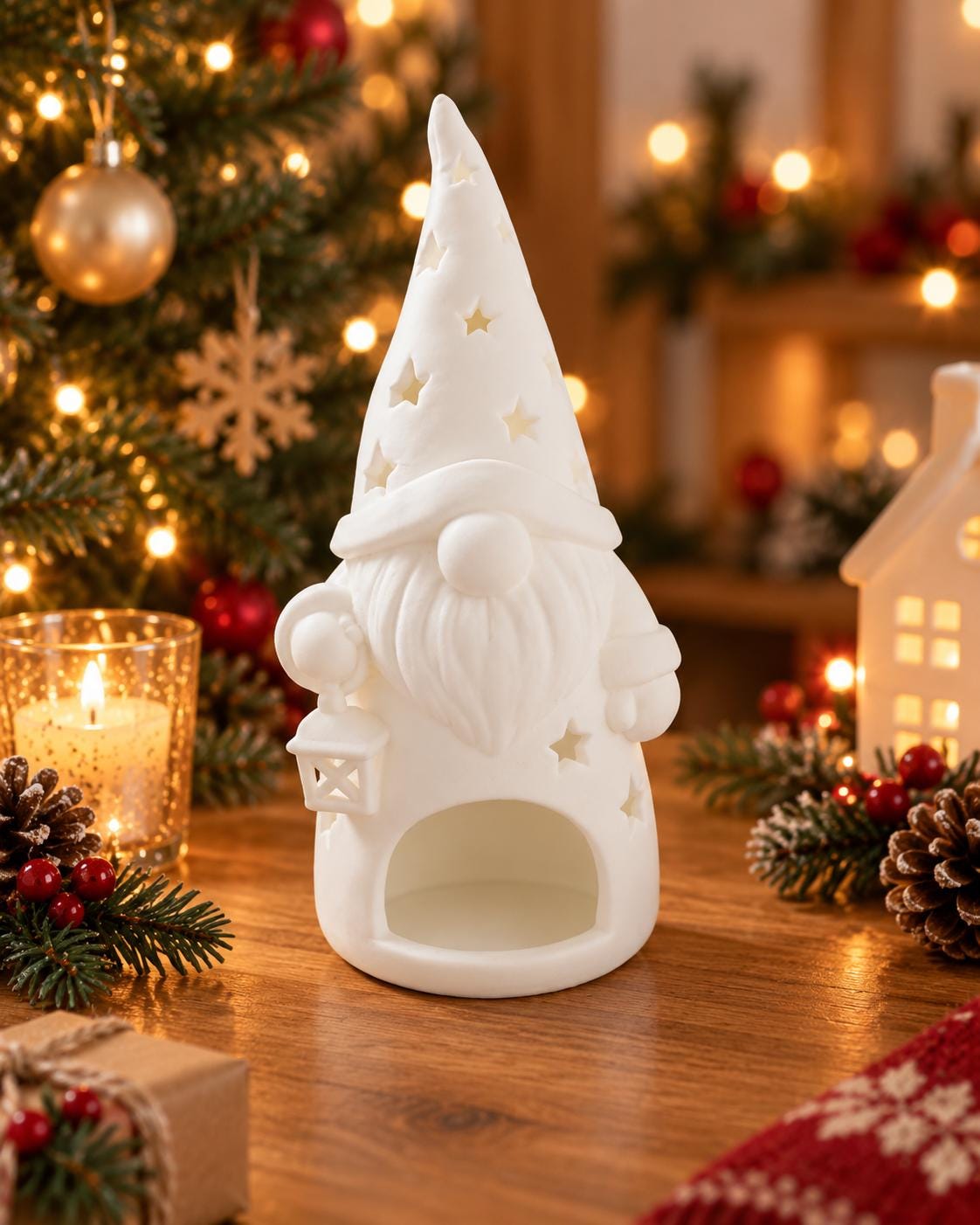 May include: A white ceramic gnome figurine featuring a tall pointed hat with star-shaped cutouts, a prominent beard, and a small lantern held in one hand. The base of the gnome has a large arched opening, and the surface has a matte finish.