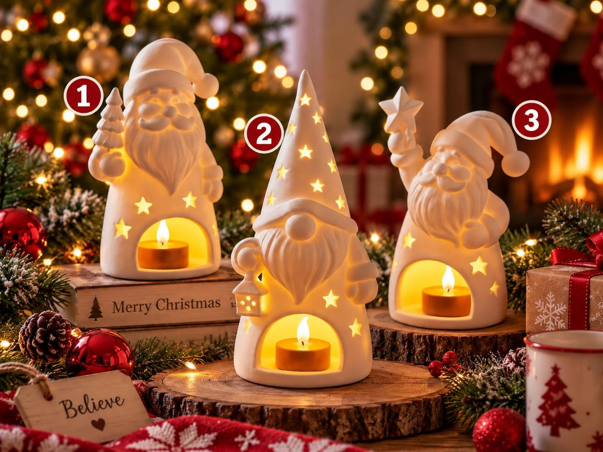 May include: Three white ceramic holiday figurines featuring cut-out star patterns and internal tea light candles. The first is a Santa holding a tree, the second is a tall gnome with a star-topped hat, and the third is a Santa holding a star.