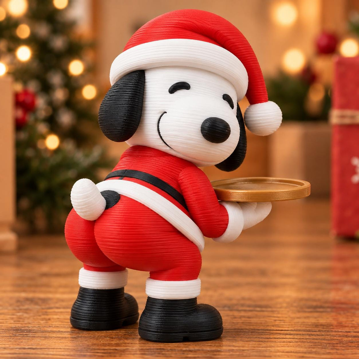 May include: A 3D-printed figurine of a white dog with black ears wearing a red and white Santa Claus suit and hat. The dog is in a bent-over pose, holding a small, round, gold-colored tray in its hands. The surface of the figurine has visible horizontal layer lines from the printing process.