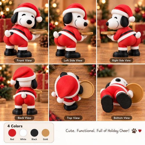 May include: A Snoopy figurine dressed in a red and white Santa Claus suit with a matching hat, black boots, and a small white tail. The character holds a circular gold-colored tray in front. The figure is shown from multiple angles including front, side, back, top, and bottom views.