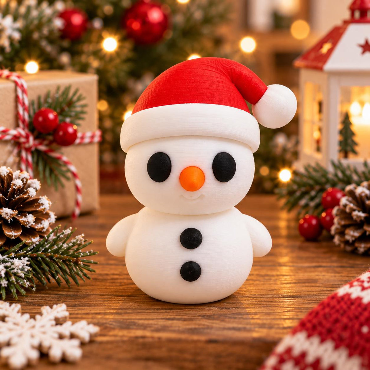 May include: A small white snowman figurine wearing a bright red Santa hat with a white pom-pom. The snowman has two large black circular eyes, a small orange carrot-shaped nose, and two black buttons on its round body, creating a festive look.