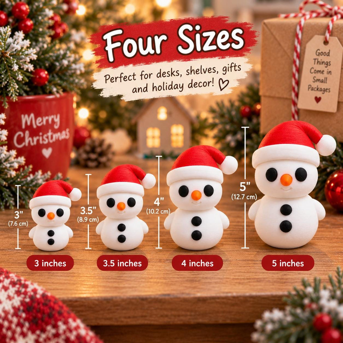 May include: Four white snowman figurines with orange carrot noses, black eyes, and black buttons, each wearing a red Santa hat. The snowmen are shown in four sizes: 3 inches (7.6 cm), 3.5 inches (8.9 cm), 4 inches (10.2 cm), and 5 inches (12.7 cm).