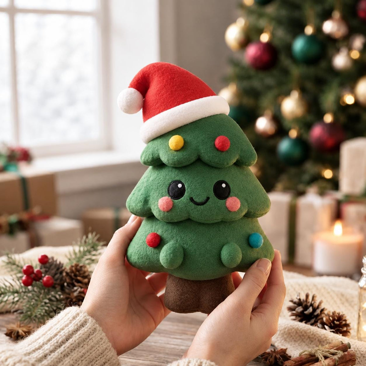 May include: A plush Christmas tree toy with a green body, a brown trunk, and a red Santa hat. The tree features a smiling face with black eyes, pink cheeks, and small colorful circular ornaments attached to its branches in yellow, red, and blue.