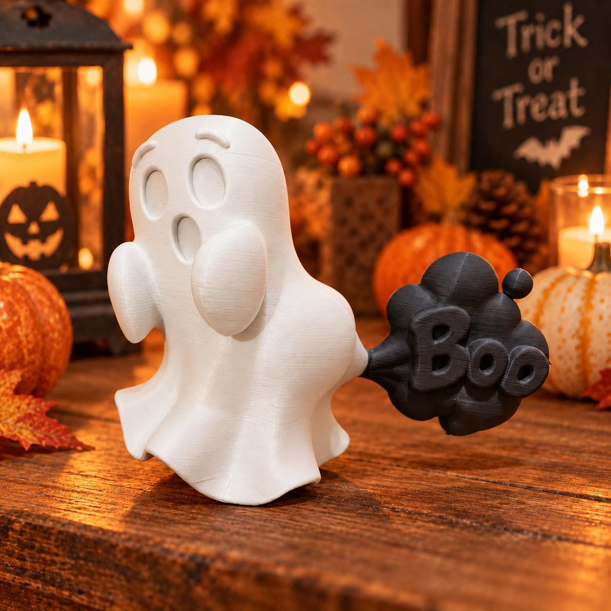 May include: A white 3D printed ghost figurine with a surprised expression, featuring a black cloud-shaped trail extending from its back that displays the word Boo in raised, bold, black capital letters, creating a humorous Halloween decoration.