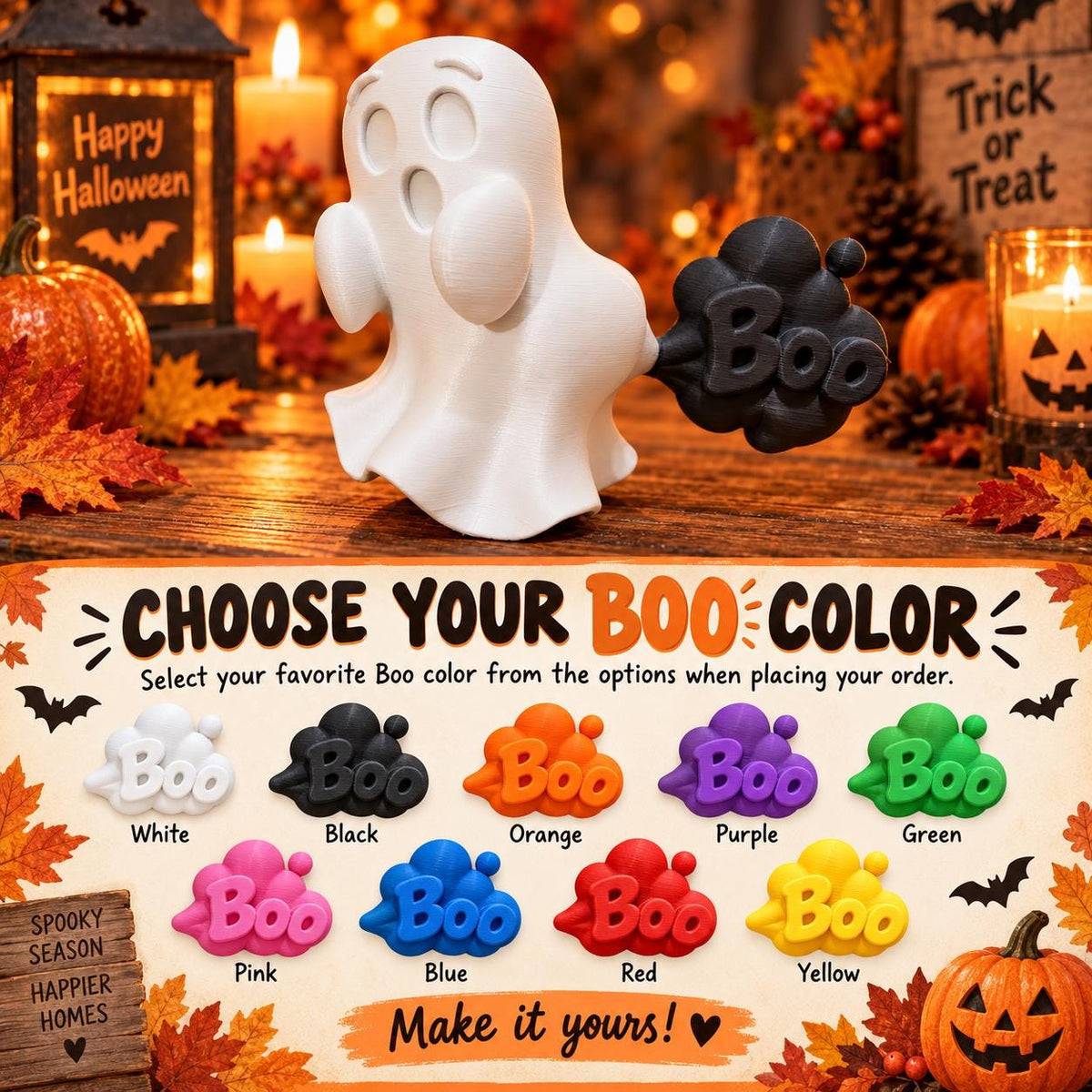 May include: A white 3D printed ghost figurine with a black cloud-shaped attachment featuring the word Boo. Below, a color chart displays ten variations of the cloud attachment in white, black, orange, purple, green, pink, blue, red, and yellow.