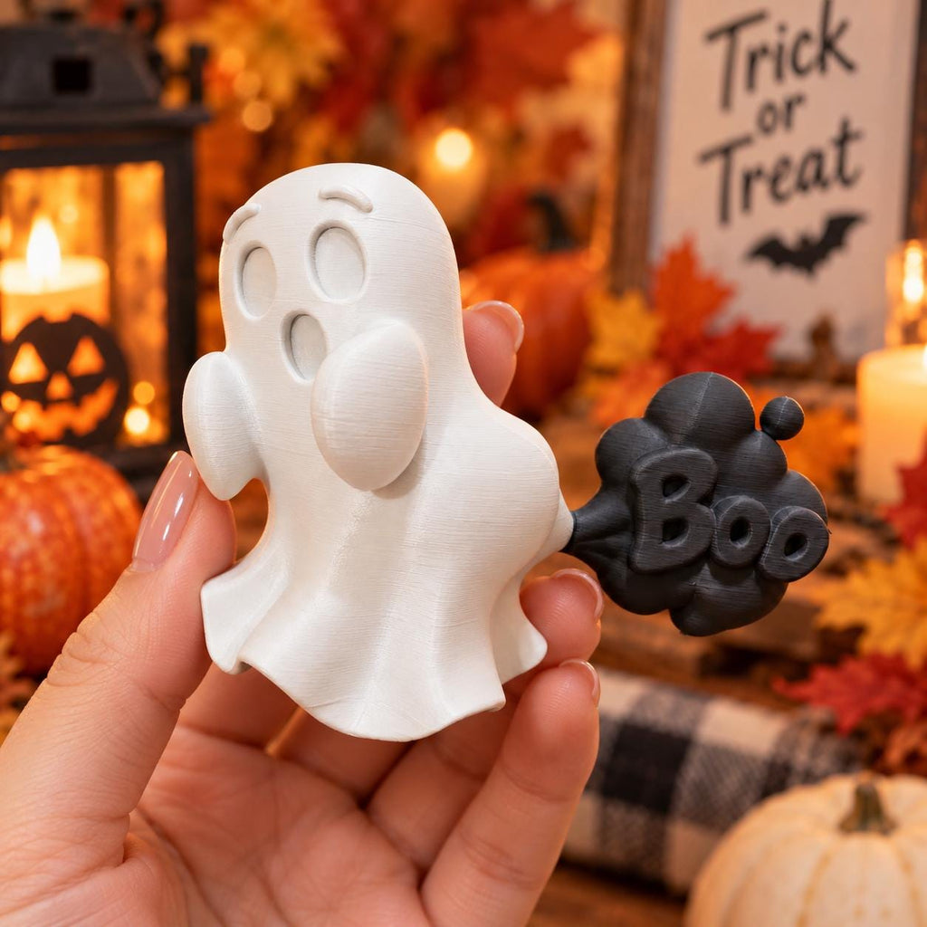 May include: A white ghost figurine with a surprised expression, featuring a black cloud-shaped attachment extending from its back that displays the word Boo in raised, bold, black lettering. The object is made of a smooth, matte material.