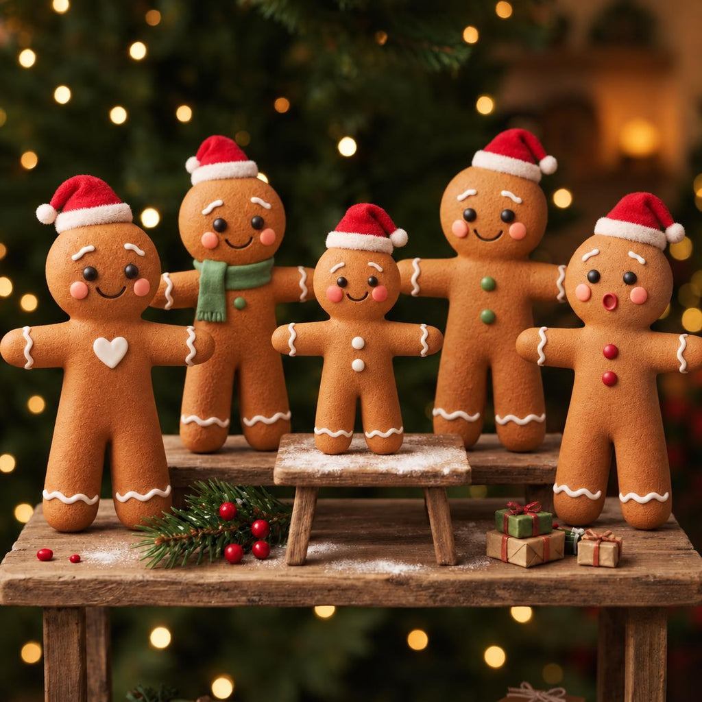 May include: Five gingerbread-style figures with brown bodies, white icing details, and red Santa hats. One figure has a white heart, one wears a green scarf, and one has an open mouth. They are arranged on a wooden tiered stand with small gift boxes.