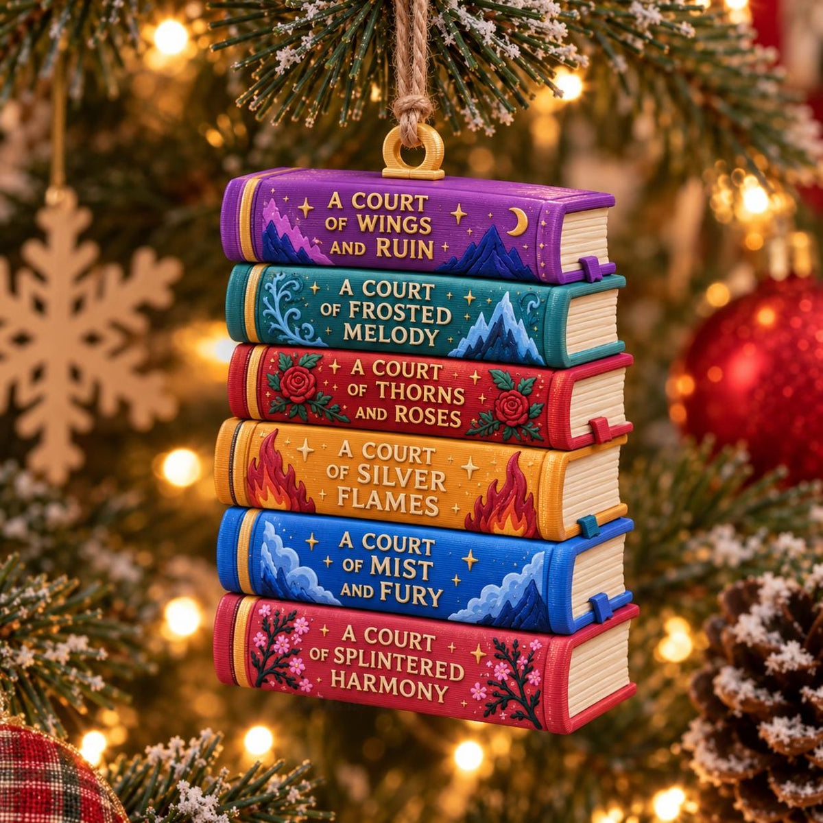 May include: A hanging Christmas tree ornament featuring a stack of six miniature books. The spines are colored purple, teal, red, yellow, blue, and pink, each displaying a unique title and decorative graphic elements like mountains, roses, and flames.