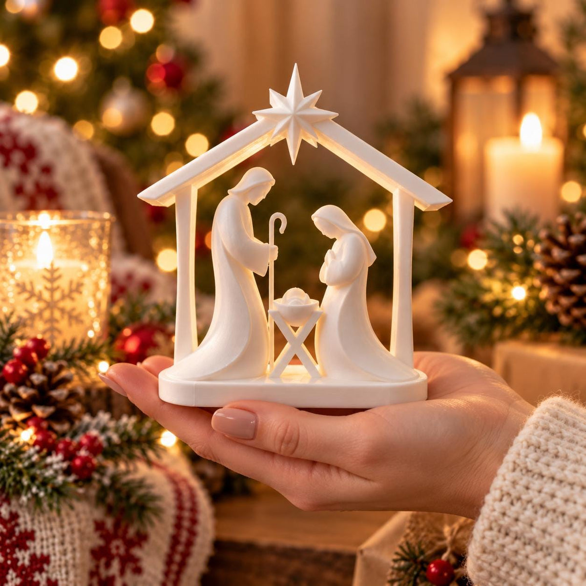 May include: A white, matte-finish nativity scene figurine featuring a stylized stable structure with a star at the peak. The sculpture depicts three figures, including a central infant in a manger, standing on a flat, rectangular base.