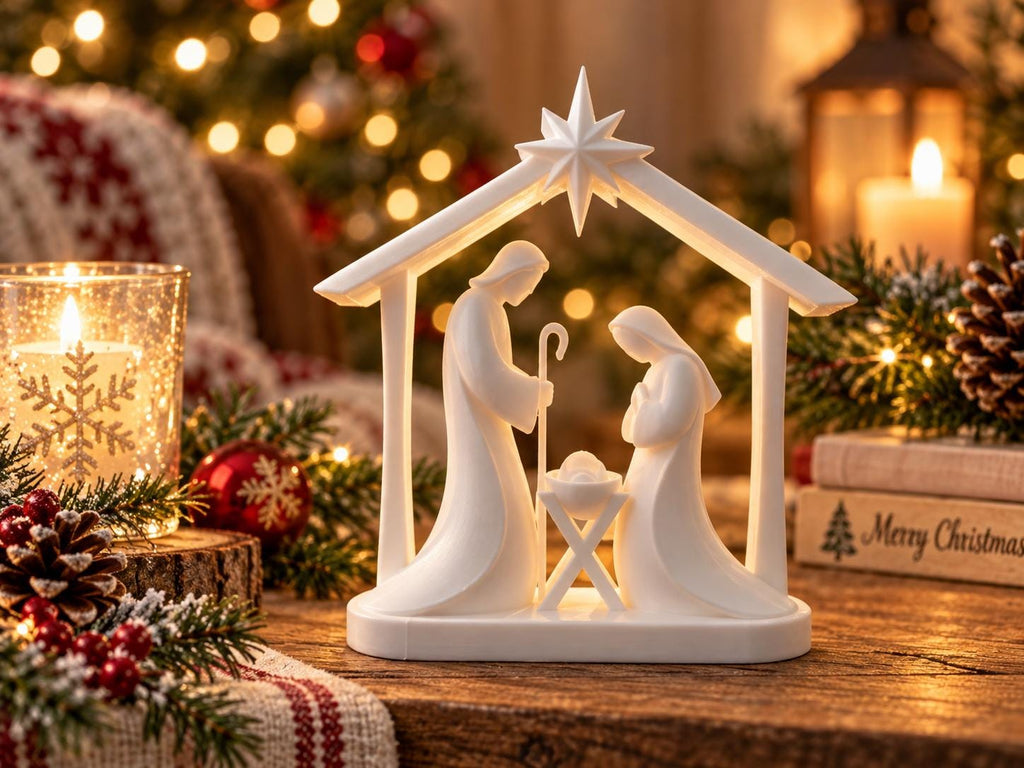 May include: A white nativity scene figurine featuring a stylized stable structure with a star at the peak. The sculpture depicts two figures standing on either side of a small manger containing a baby, all rendered in a smooth, solid white finish.