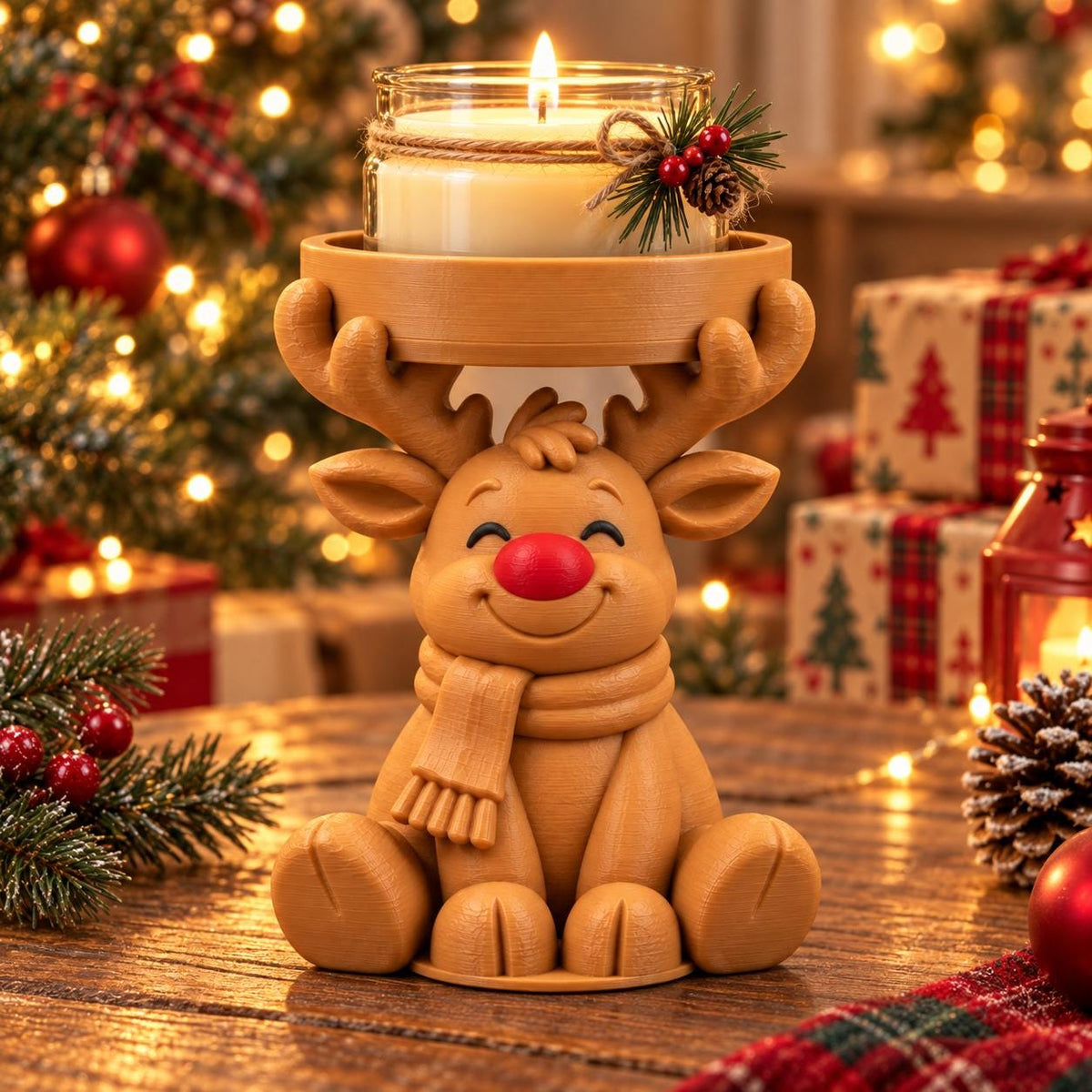 May include: A tan reindeer figurine candle holder with a bright red nose and a scarf, supporting a clear glass jar candle. The candle is wrapped in twine and decorated with a small pine sprig, red berries, and a tiny pinecone, with a lit wick.
