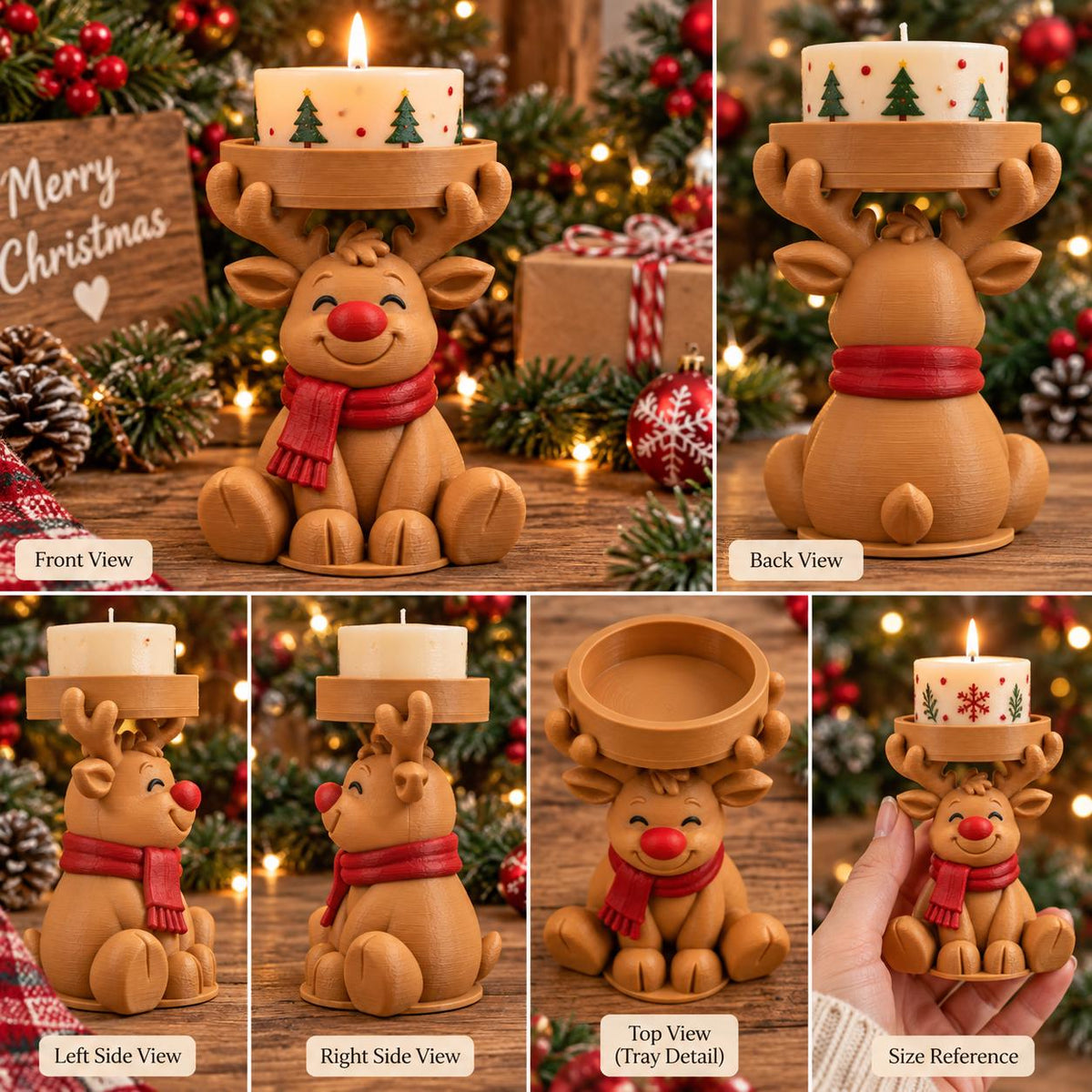 May include: A light brown reindeer candle holder featuring a red nose and a red scarf, designed to hold a round candle. The figure is shown from multiple angles, including front, back, and side views, with a tray top for the candle placement.
