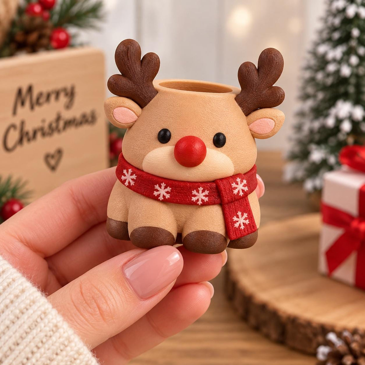 May include: A small, tan reindeer-shaped planter or container with dark brown antlers, black eyes, and a bright red nose. The reindeer wears a red scarf featuring a white snowflake pattern. The object has a hollow opening at the top.