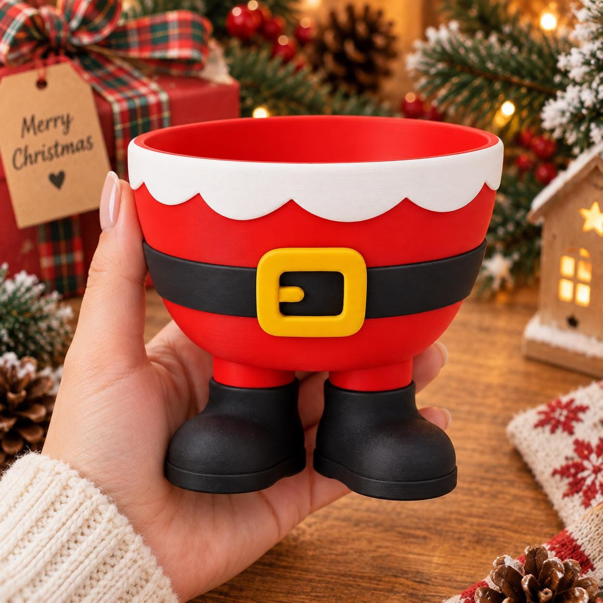 May include: A red ceramic bowl shaped like Santa Claus's midsection, featuring a white scalloped trim at the top, a black belt with a yellow buckle around the center, and two black boots at the base serving as feet for the bowl.