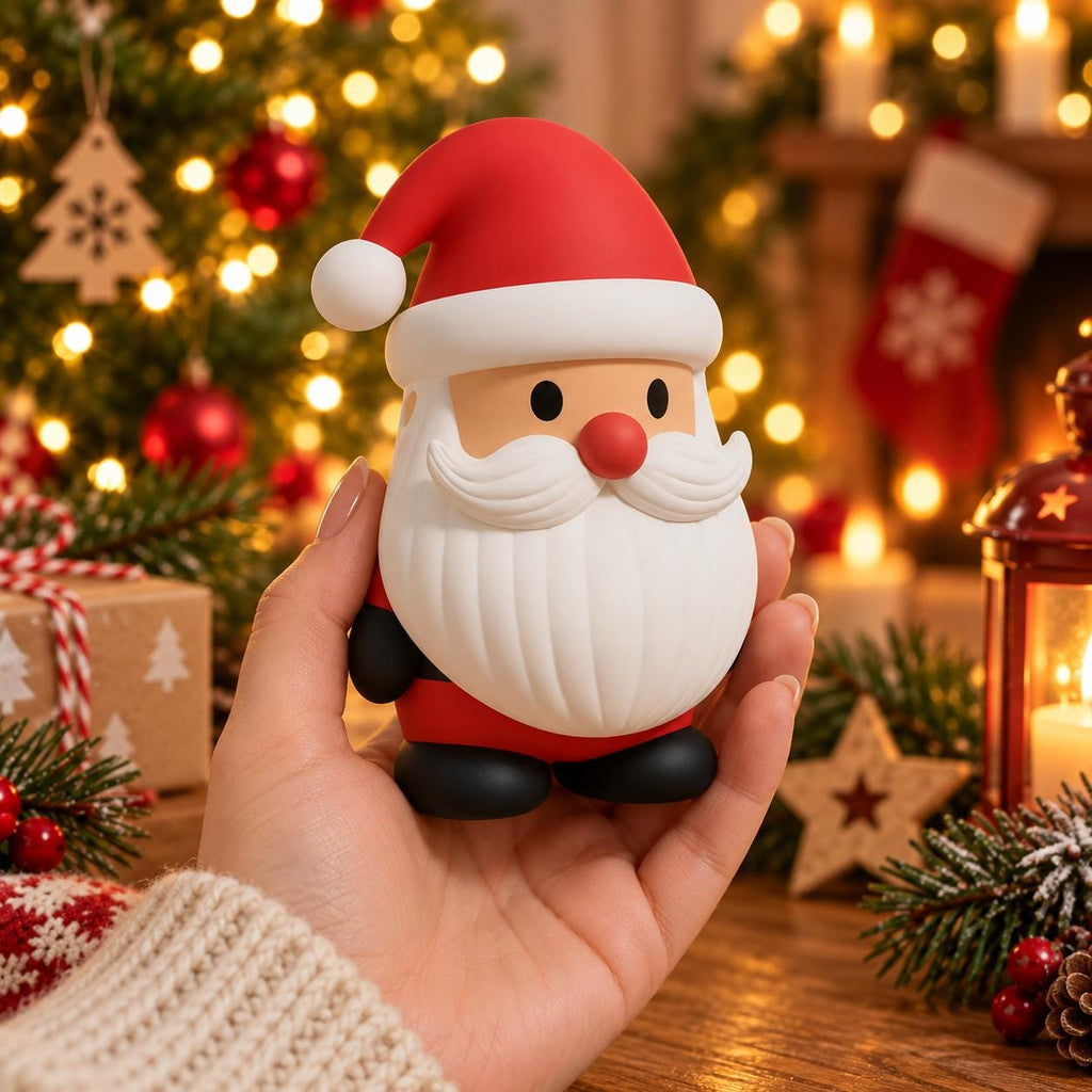 May include: A small, rounded Santa Claus figurine with a smooth red hat, a white pom-pom, a thick white beard, a red nose, and black boots. The character has a matte finish and a simple, stylized design, held in a palm against a festive background.