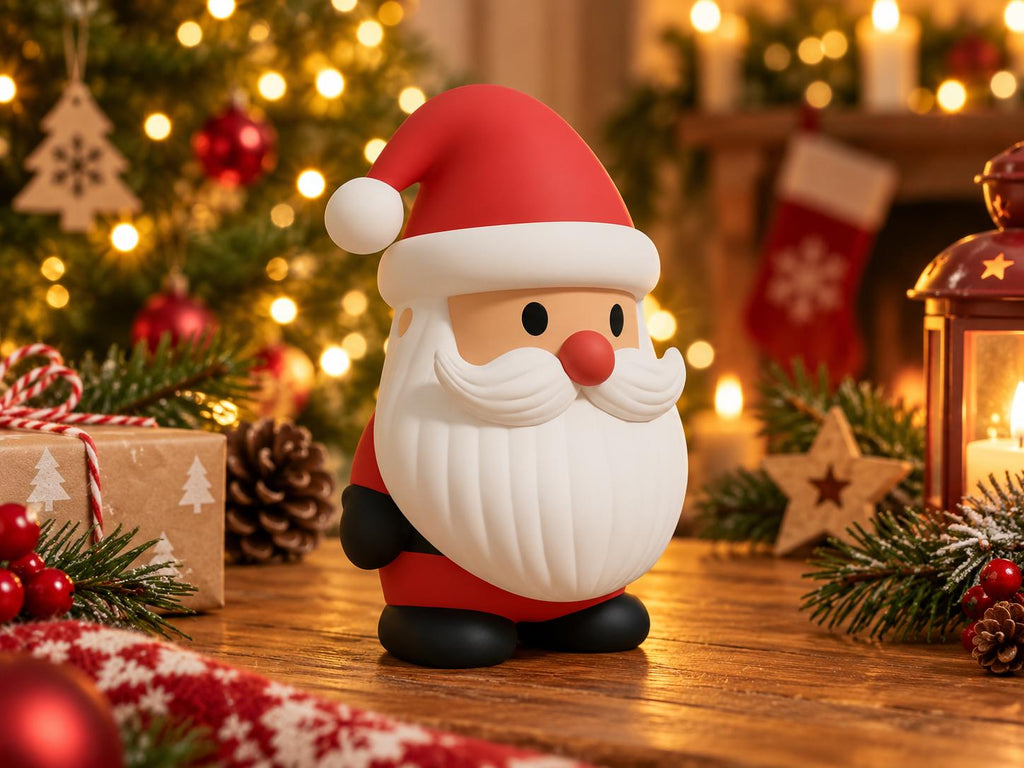 May include: A small, rounded Santa Claus figurine featuring a red hat with a white pom-pom, a white beard, a red nose, and black boots. The character has a smooth, matte finish and is designed with a simplified, cartoon-like aesthetic.