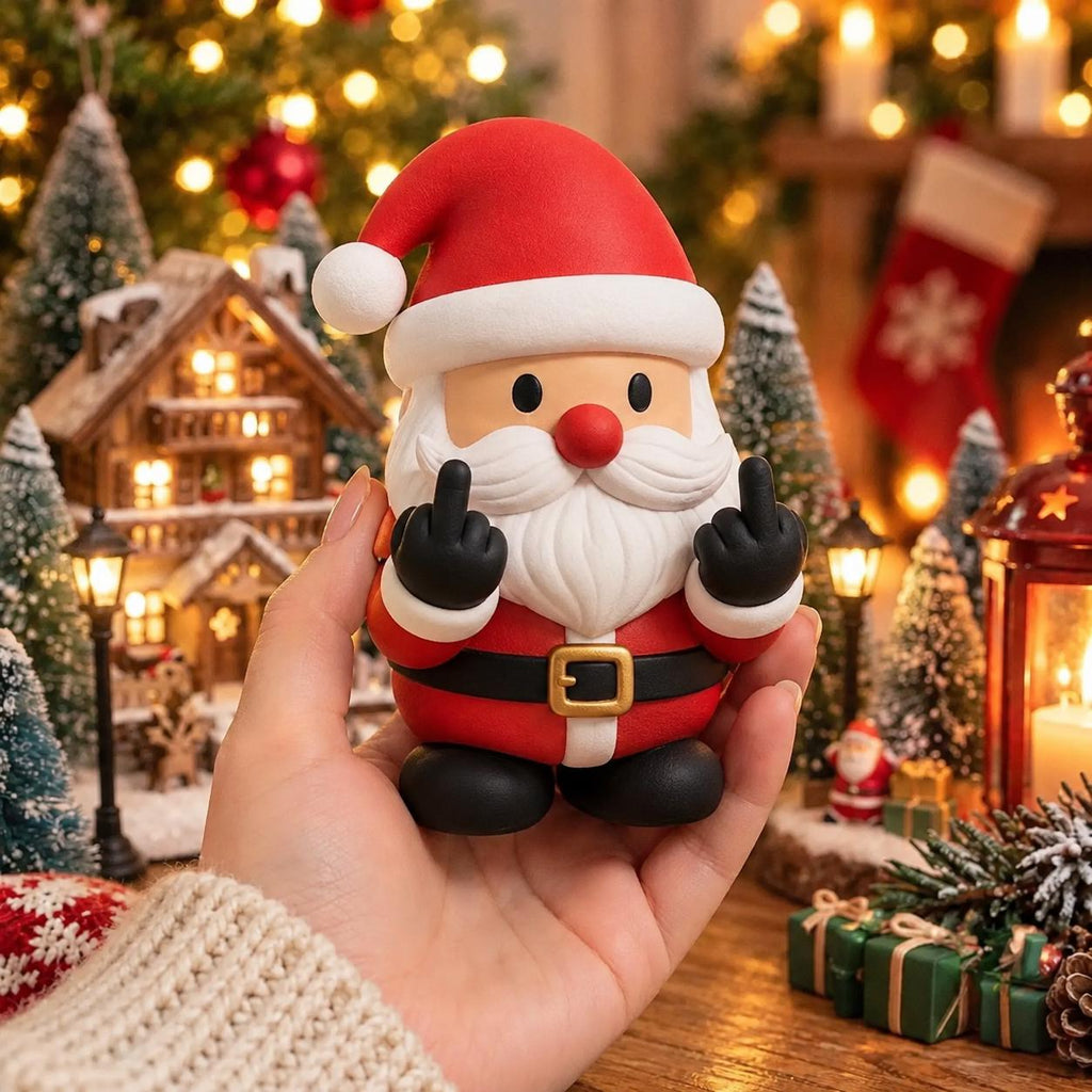 May include: A small Santa Claus figurine wearing a red hat and suit with a black belt and gold buckle. The figure has a white beard, a red nose, and black gloves, with both hands raised to display a middle finger gesture on each hand.