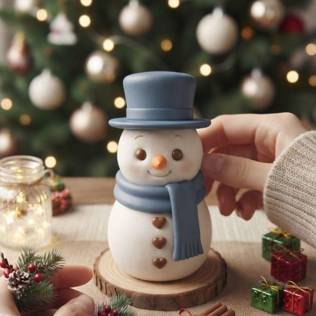 May include: A white snowman figurine with a smooth matte finish, wearing a blue top hat and a matching blue scarf. The snowman features a small orange carrot nose, dark brown eyes, and three small brown heart-shaped buttons on its torso.