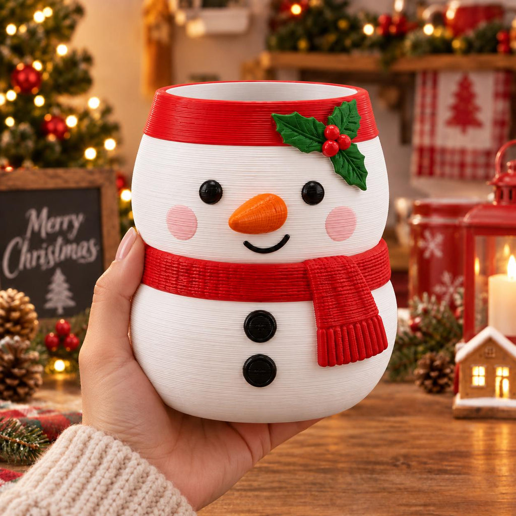 May include: A white snowman-shaped mug featuring a textured surface, a bright orange carrot nose, black button eyes, and two black buttons on the lower body. It is adorned with a red scarf, pink cheeks, and a green holly leaf with red berries.