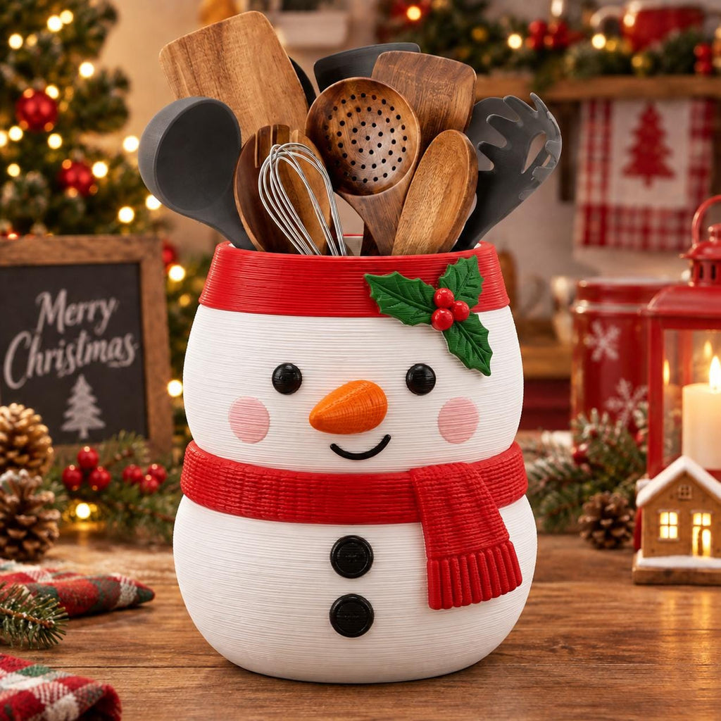 May include: A white snowman-shaped ceramic utensil holder with a textured finish, featuring a red scarf, two black buttons, a carrot-shaped nose, and a green holly sprig with red berries. It is filled with various wooden and black silicone kitchen tools.