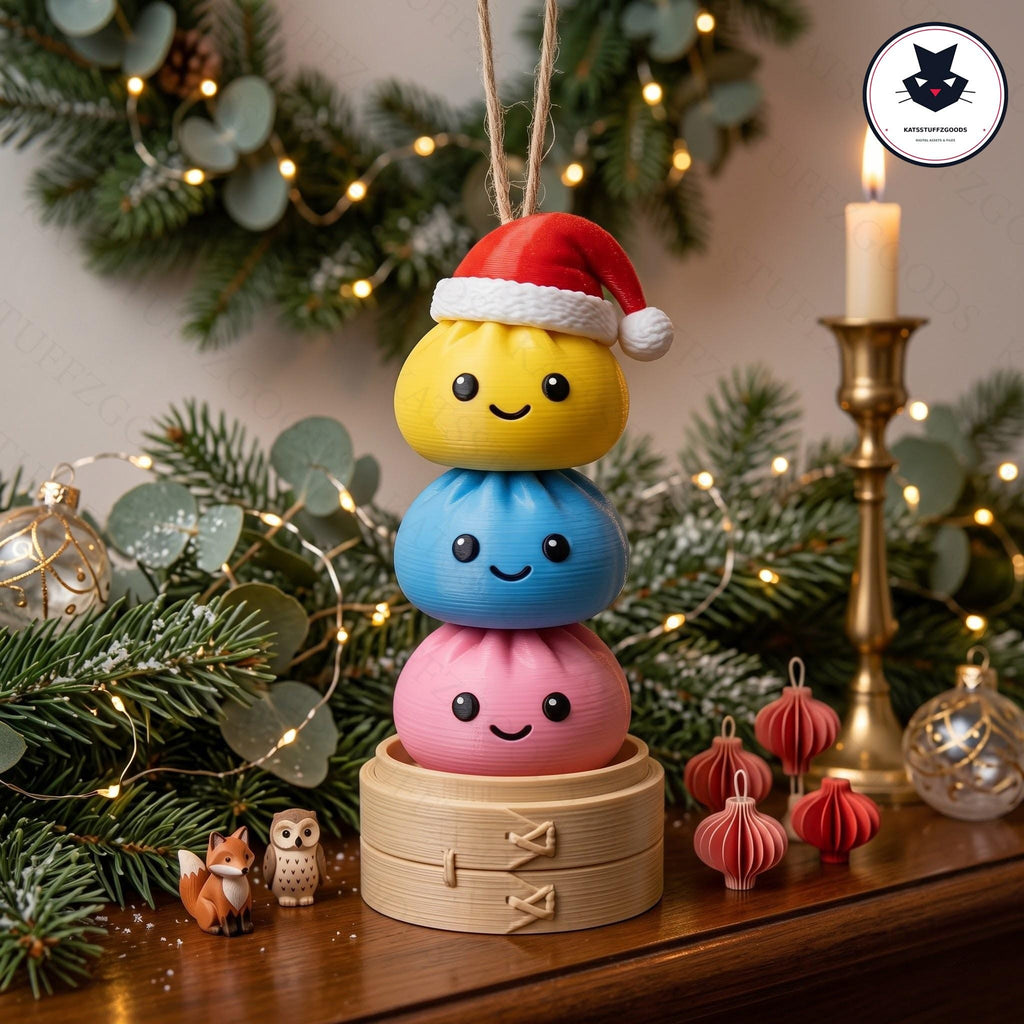May include: A stack of three round, smooth, cartoon-style dumplings in yellow, blue, and pink, each with a simple black face. The top yellow dumpling wears a small red and white Santa hat. The stack rests inside a light brown bamboo steamer base.