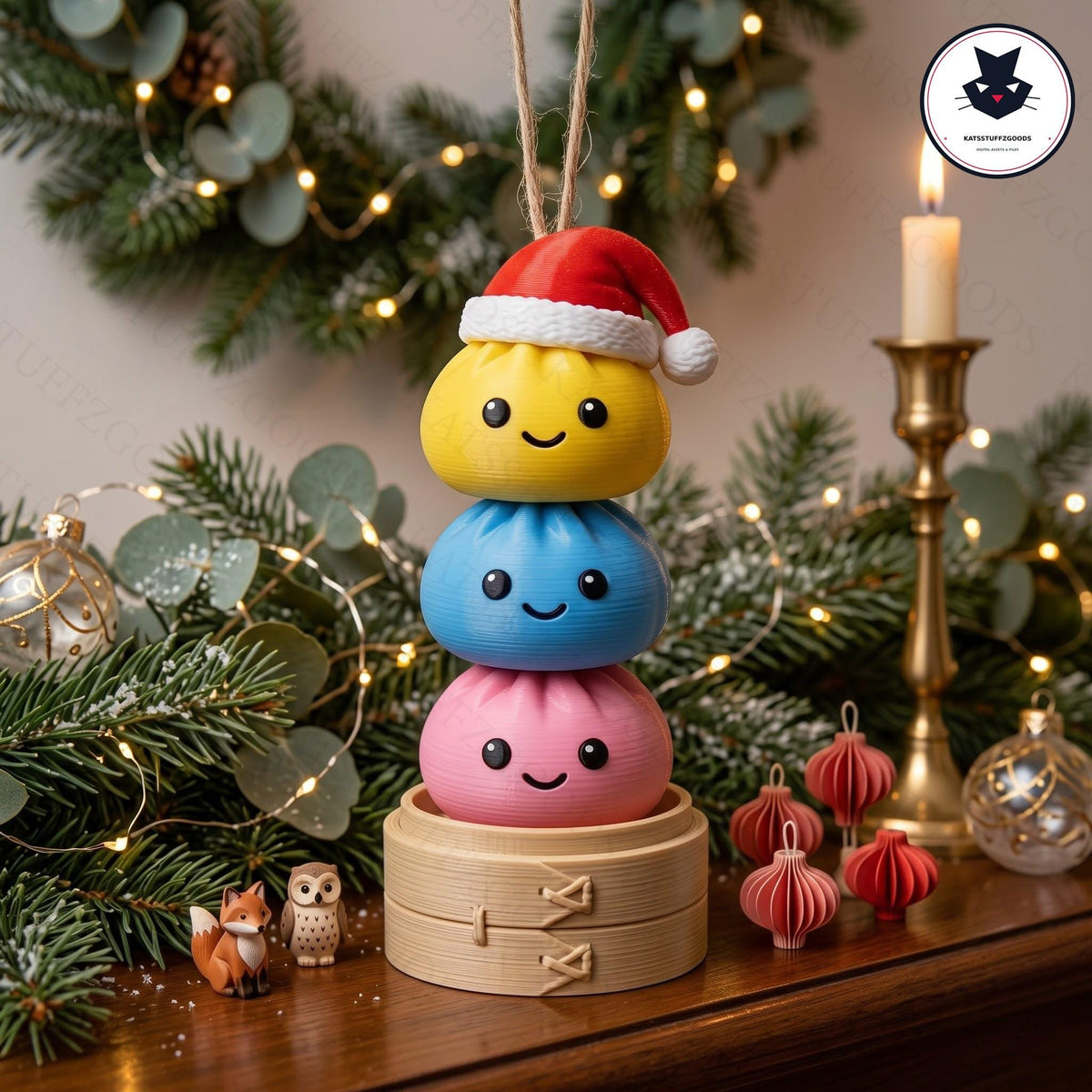 May include: A stack of three round, smooth, cartoon-style dumplings in yellow, blue, and pink, each with a simple black face. The top yellow dumpling wears a small red and white Santa hat. The stack rests inside a light brown bamboo steamer base.