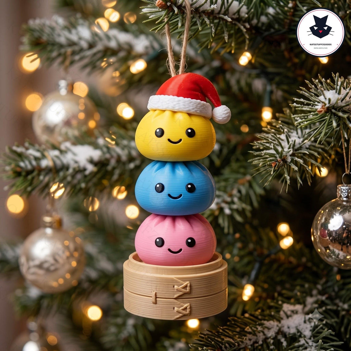 May include: A hanging Christmas ornament featuring a stack of three round, smiling dumpling figures in yellow, blue, and pink. The top yellow dumpling wears a small red and white Santa hat. The stack rests on a light brown, circular bamboo steamer base.