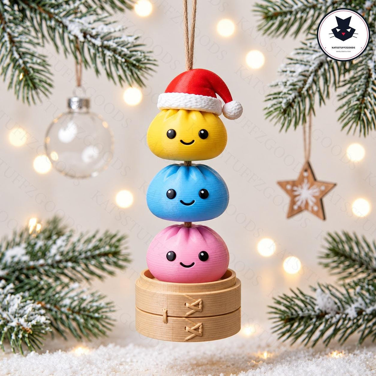 May include: A hanging ornament featuring three stacked, round, smiling dumpling figures in yellow, blue, and pink. The top yellow dumpling wears a red and white Santa hat. The stack rests on a small, circular, light-colored wooden bamboo steamer base.