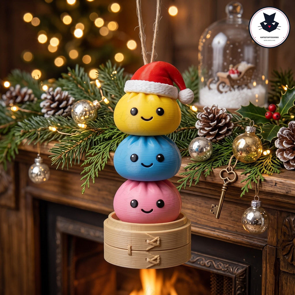 May include: A hanging ornament featuring a stack of three round, smiling dumpling figures in yellow, blue, and pink. The top yellow dumpling wears a red and white Santa hat. The stack rests on a small, light brown, circular bamboo steamer base.