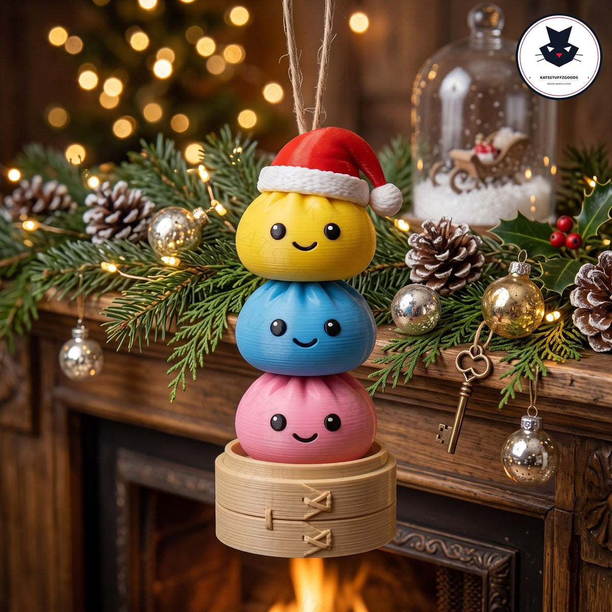 May include: A hanging ornament featuring a stack of three round, smiling dumpling figures in yellow, blue, and pink. The top yellow dumpling wears a red and white Santa hat. The stack rests on a small, light brown, circular bamboo steamer base.