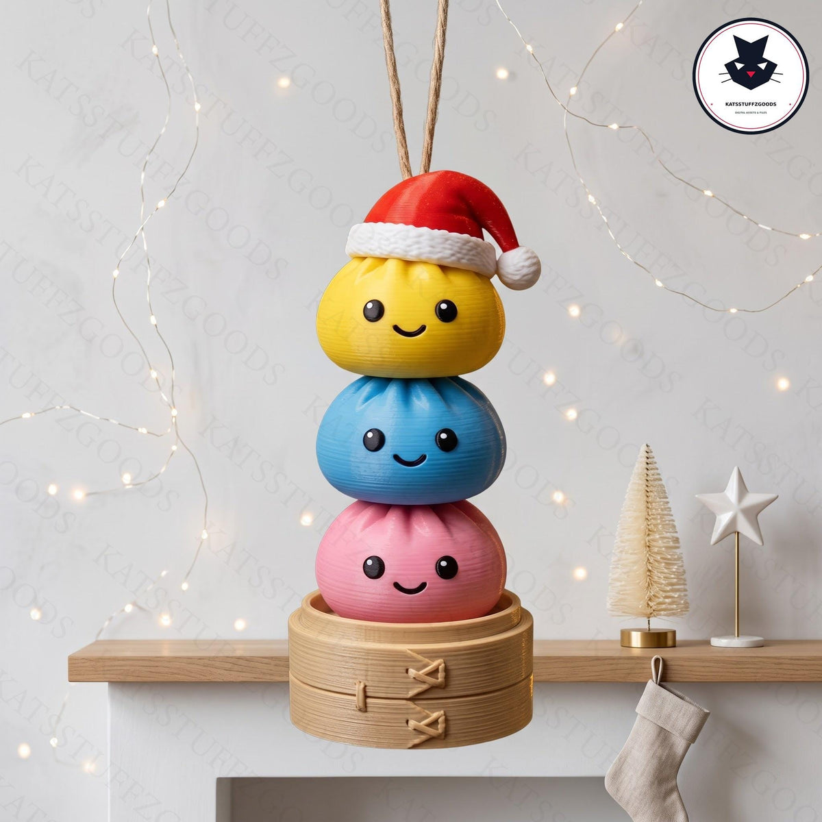 May include: A hanging ornament featuring a stack of three round, colorful dumpling-shaped figures in yellow, blue, and pink, each with a smiling face. The top yellow dumpling wears a red and white Santa hat. The stack rests in a bamboo steamer base.