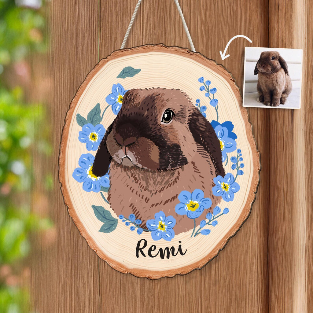 Custom Rabbit Portrait Wooden Hanging, Custom Pet Portrait From Photo, Bunny Memorial Gift, Pet Portrait Wall Art, Pet Loss Sympathy Gift. WHBILUMMIE4